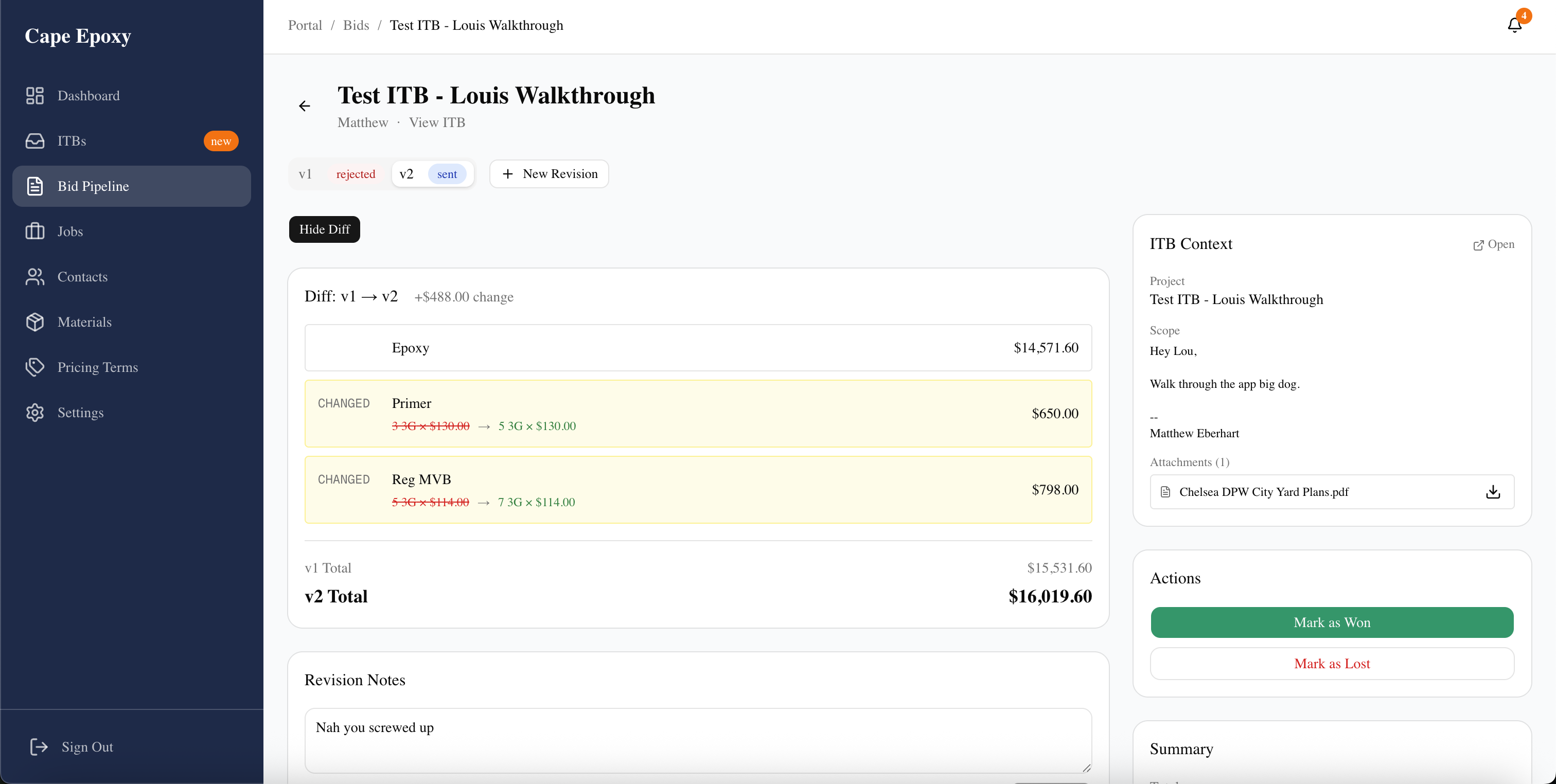 cape-epoxy CRM and bid-management dashboard screenshot